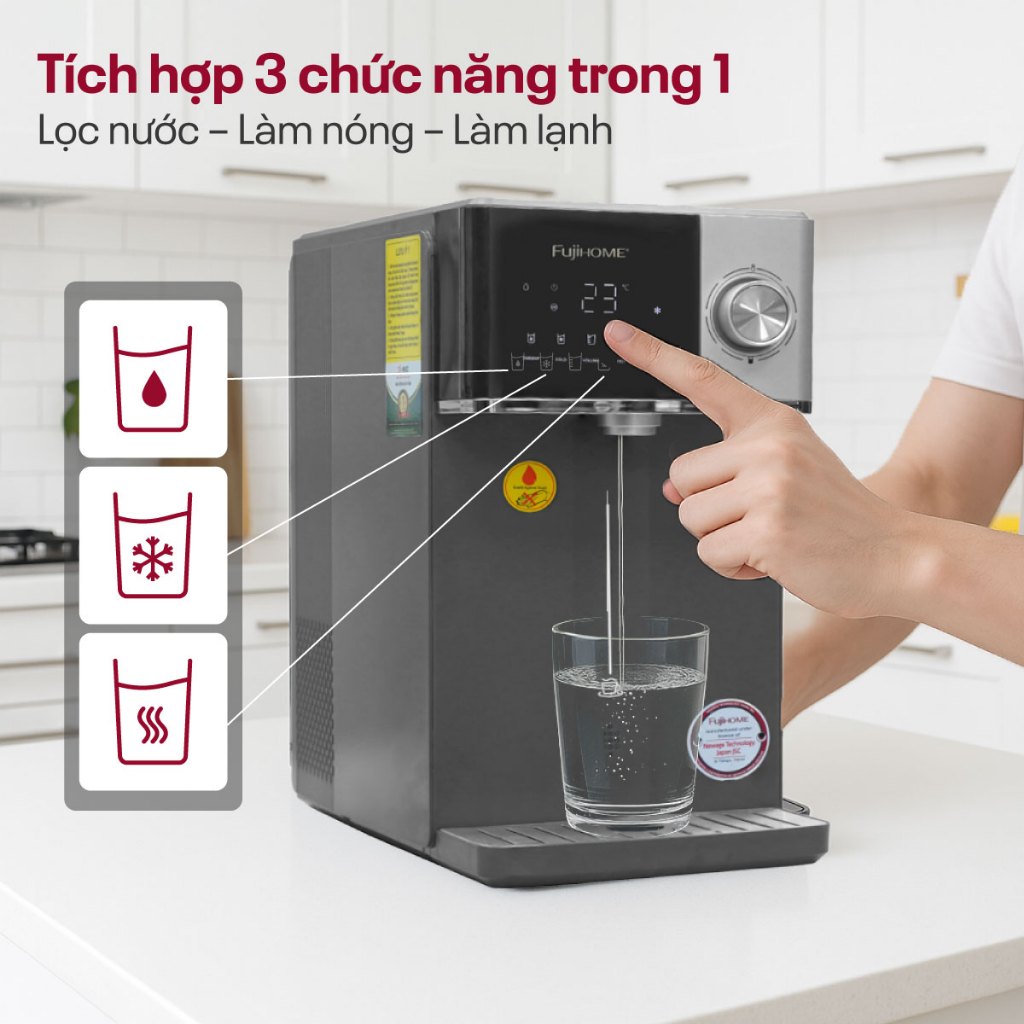 Máy lọc nước nóng lạnh trực tiếp Nhập Khẩu FUJIHOME WP302C, Cây lọc nước khử khuẩn UV có chỉ số TDS chọn nhiệt độ nóng