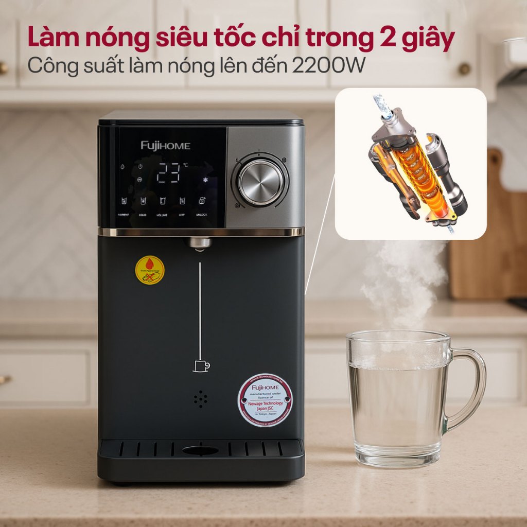 Máy lọc nước nóng lạnh trực tiếp Nhập Khẩu FUJIHOME WP302C, Cây lọc nước khử khuẩn UV có chỉ số TDS chọn nhiệt độ nóng
