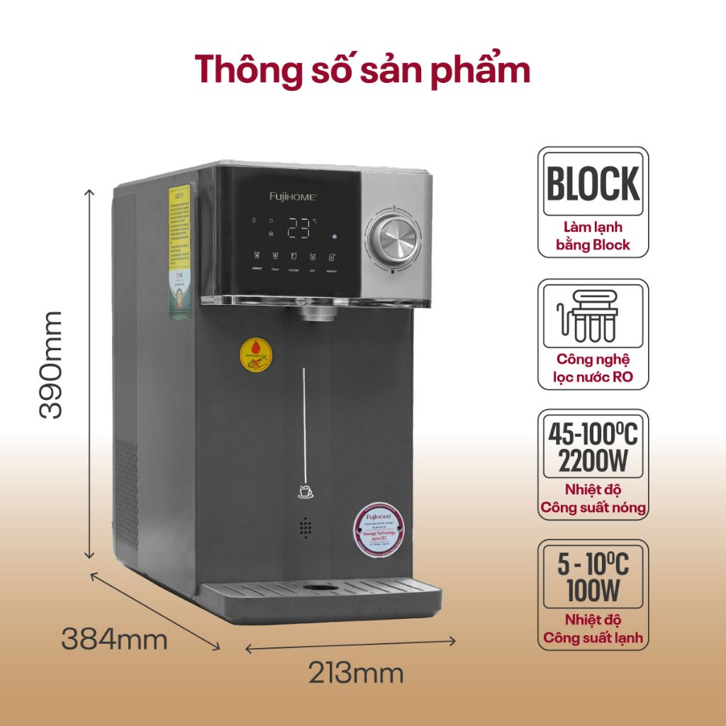 Máy lọc nước nóng lạnh trực tiếp Nhập Khẩu FUJIHOME WP302C, Cây lọc nước khử khuẩn UV có chỉ số TDS chọn nhiệt độ nóng