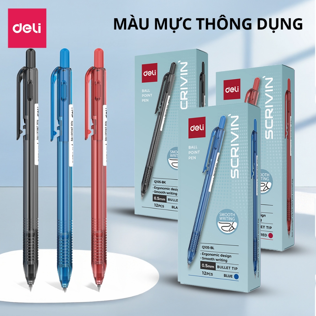 Hộp 12 Chiếc Bút Bi Bấm Deli Viết Bi Ngòi 0.5mm Mực Xanh Đen Đỏ Mực Đều Viết Đẹp Trơn Tru Không Tắc
