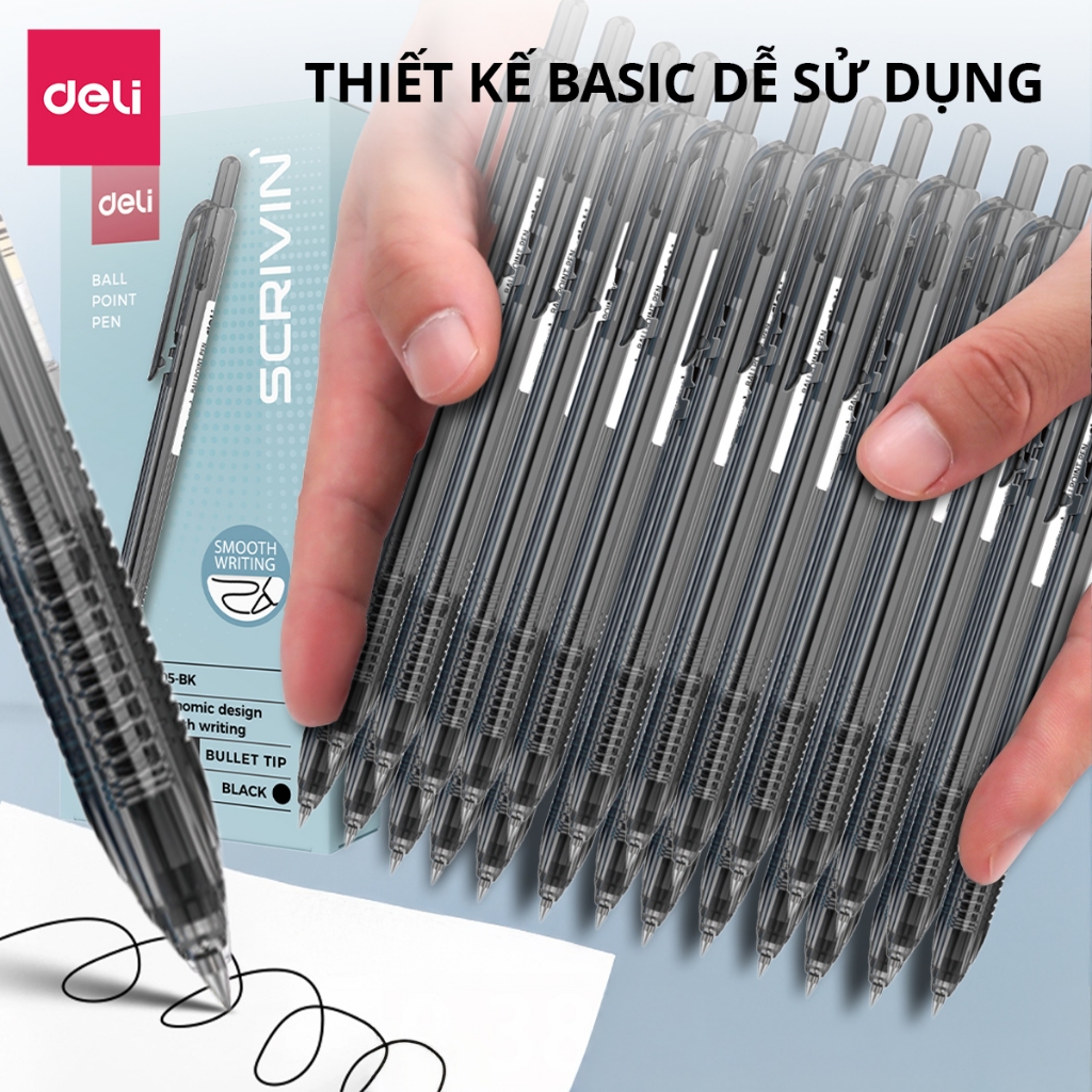 Hộp 12 Chiếc Bút Bi Bấm Deli Viết Bi Ngòi 0.5mm Mực Xanh Đen Đỏ Mực Đều Viết Đẹp Trơn Tru Không Tắc