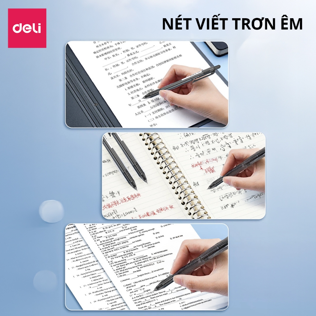 Hộp 12 Chiếc Bút Bi Bấm Deli Viết Bi Ngòi 0.5mm Mực Xanh Đen Đỏ Mực Đều Viết Đẹp Trơn Tru Không Tắc