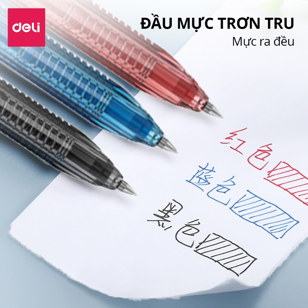 Hộp 12 Chiếc Bút Bi Bấm Deli Viết Bi Ngòi 0.5mm Mực Xanh Đen Đỏ Mực Đều Viết Đẹp Trơn Tru Không Tắc