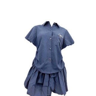 Set Áo Sơ Mi Tay Bồng Váy Bí Xòe Kèm Nơ Cài Siêu Xinh Cho Nữ
