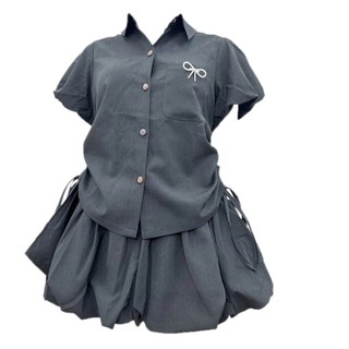 Set Áo Sơ Mi Tay Bồng Váy Bí Xòe Kèm Nơ Cài Siêu Xinh Cho Nữ