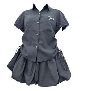 Set Áo Sơ Mi Tay Bồng Váy Bí Xòe Kèm Nơ Cài Siêu Xinh Cho Nữ