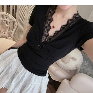 Áo thun Zip Nữ CỔ  V Phối Ren Nữ Nhẹ Nhàng Ôm BODY