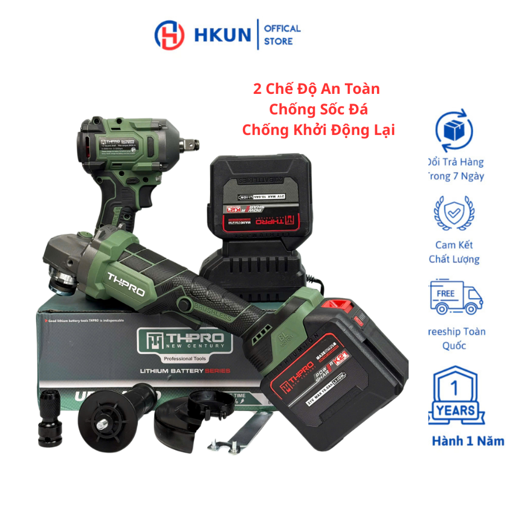 Combo Máy Cắt THPRO TH-8100, Máy Siết Bulong TH-6360Pro  Động Cơ Không Chổi Than kèm 2 Pin Sạc, Chân Pin Phổ Thông
