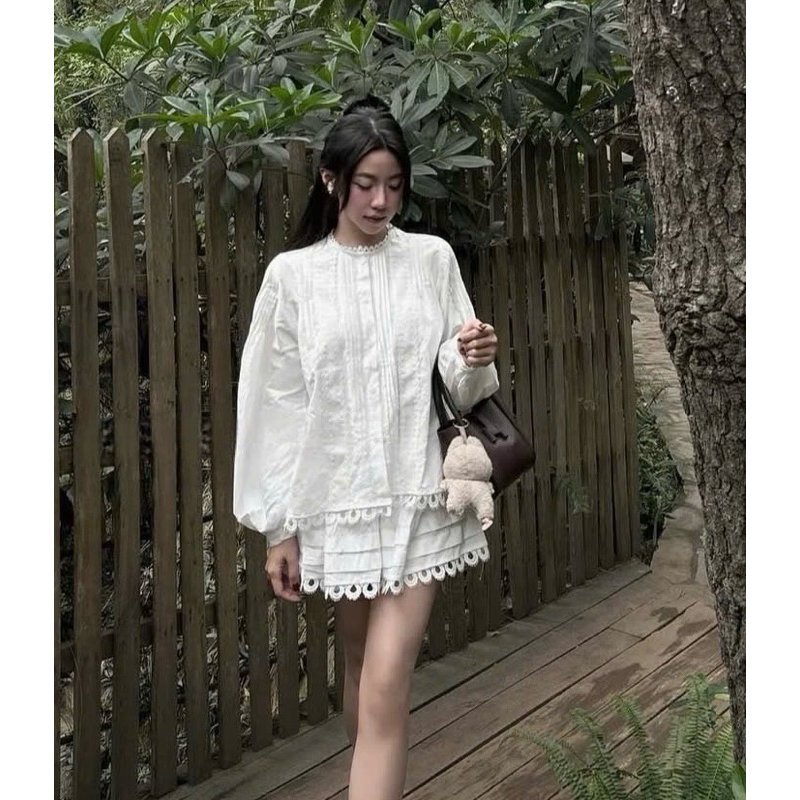 MIU.STUDIO • Set áo thô tay bồng đính khuy phối ren bèo cao cấp + chân váy xoè ( kèm quần bảo hộ ) “Pepe Set”