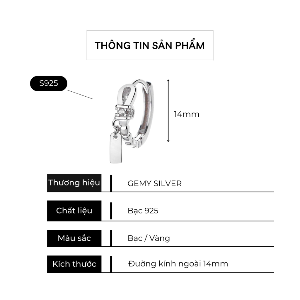 Khuyên tai tròn nam bạc 925 2 màu thiết kế đính đá gắn charm Desi (1 chiếc) KN153 | GEMY SILVER