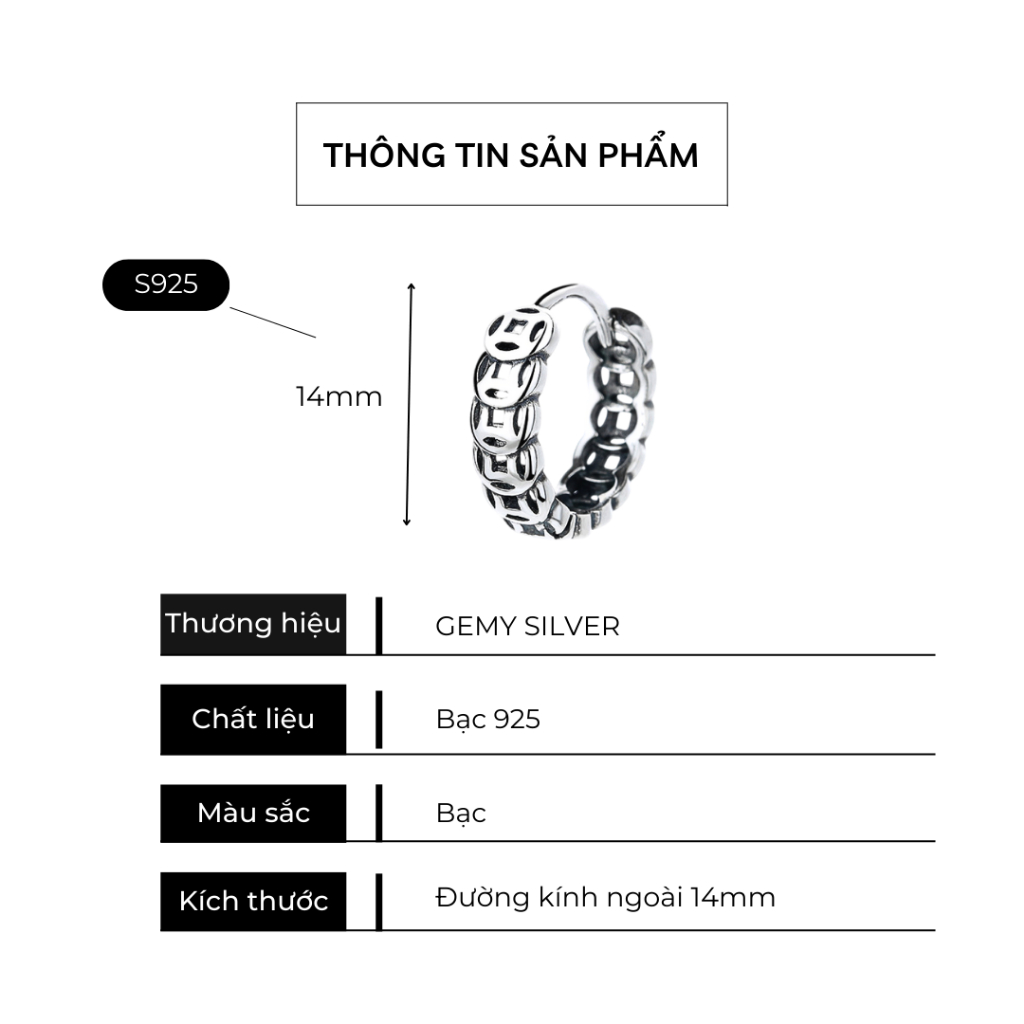 Khuyên tai thanh thẳng nam bạc Thái thiết kế chuỗi kim tiền cực chất (1 chiếc) KN155 | GEMY SILVER