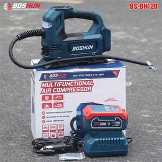 Máy bơm hơi pin BOSHUN BS-BH120, 120w, Nặng 940gram, Áp suất tối đa 120 psi, Màn hình led Máy bơm hơi pin