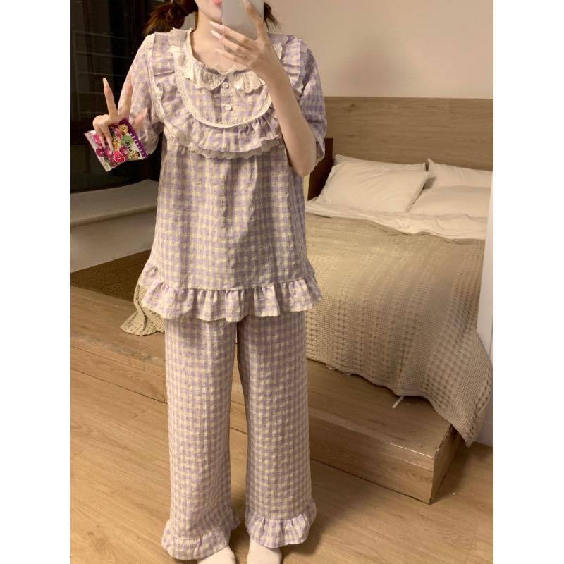 Bộ ngủ cotton nữ cao cấp kẻ caro tím trắng tay ngắn quần dài, bộ pijama nữ mặc nhà  viền bèo nhún dễ thương hcom26030