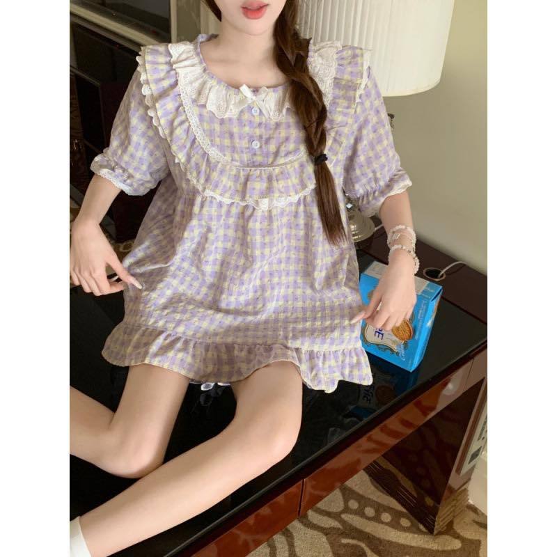 Bộ ngủ cotton nữ cao cấp kẻ caro tím trắng tay ngắn quần dài, bộ pijama nữ mặc nhà  viền bèo nhún dễ thương hcom26030