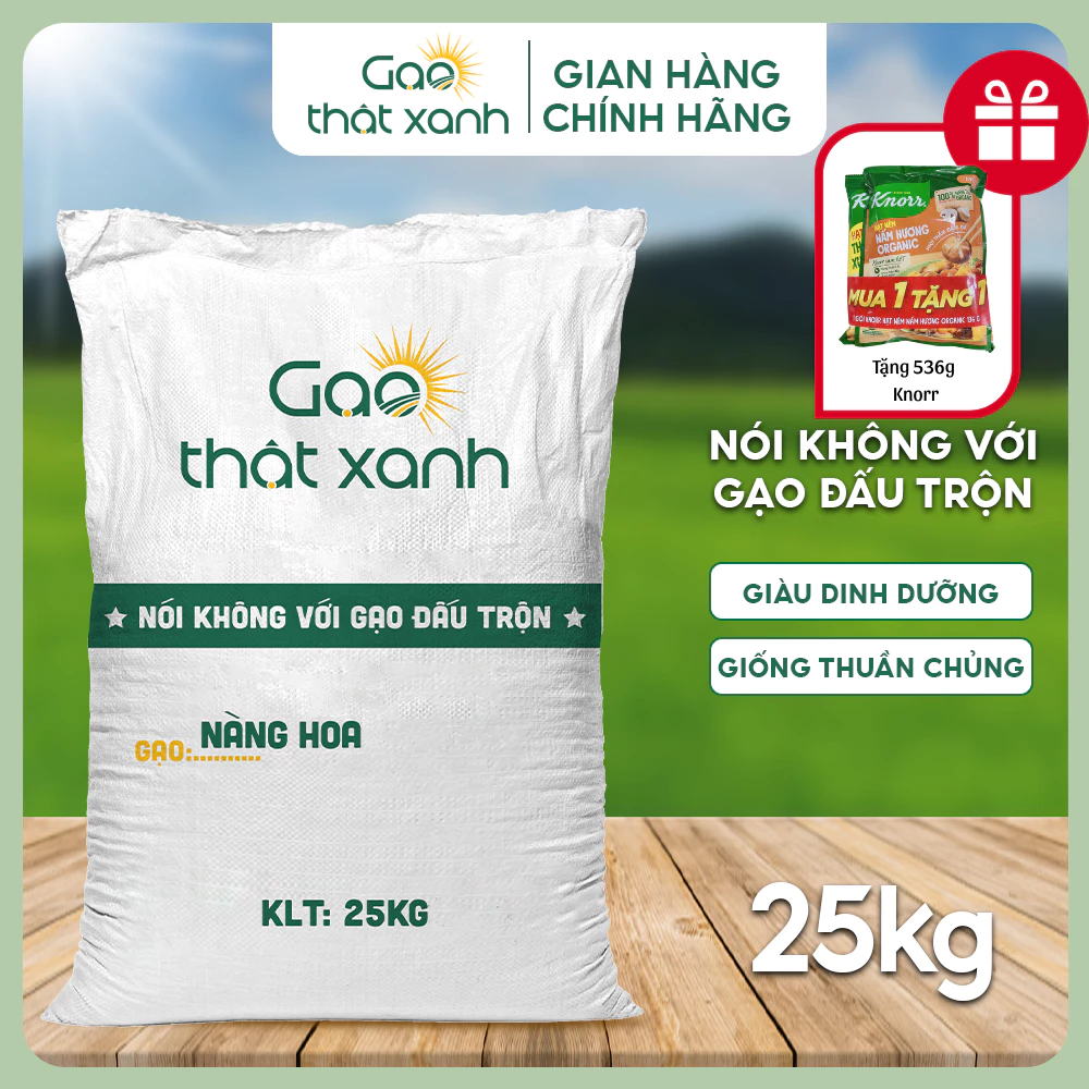25kg Gạo Nàng Hoa dẻo vừa, không quá dính, không quá khô, xốp nhẹ, thơm nhẹ, sp của Gạo Thật Xanh