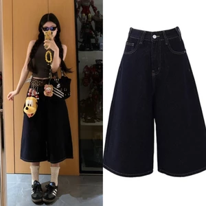 Quần jean short lửng ống rộng capri xanh đen trơn QJL001 - Tiktik