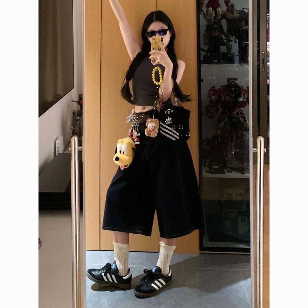 Quần jean short lửng ống rộng capri xanh đen trơn QJL001 - Tiktik