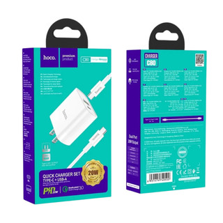 Bộ Sạc Nhanh PD 20W Hoco C80 2 Cổng (USB + Type-C), Củ sạc nhanh 3A, dây 1m, Chân Lingtning và TypeC