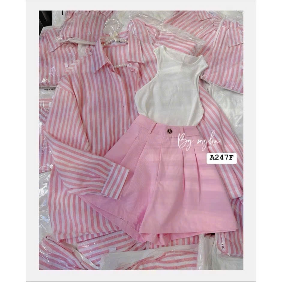 Sét bộ quần áo bé gái và mẹ dễ thương áo sơ mi sọc , áo croptop quần short cho mẹ và bé gái 12-55kg