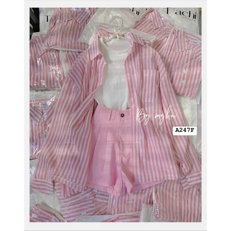 Sét bộ quần áo bé gái và mẹ dễ thương áo sơ mi sọc , áo croptop quần short cho mẹ và bé gái 12-55kg