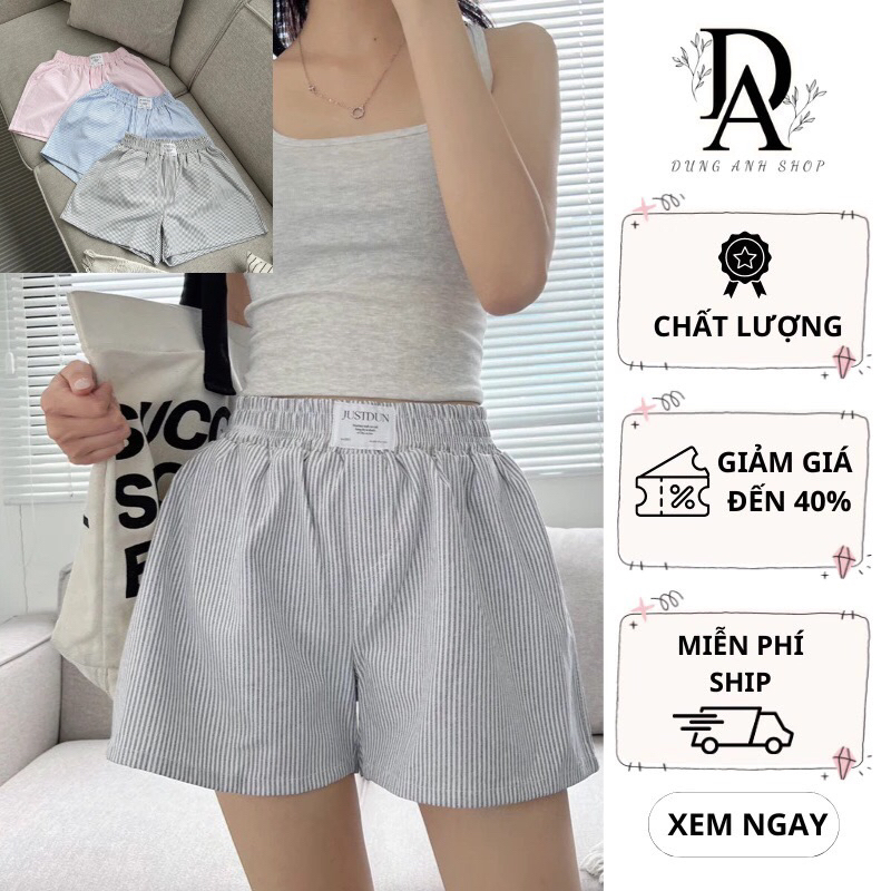 Quần Short Đùi Vải Kate Kẻ Sọc From Rộng Thoải Mái Thoáng Mát