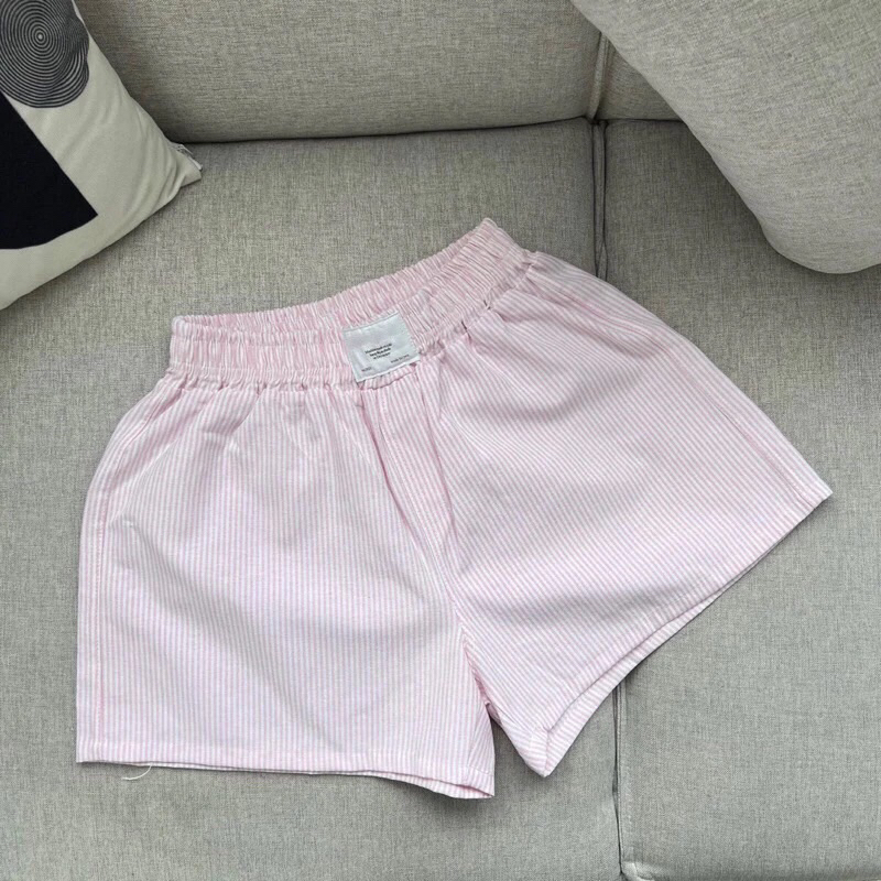 Quần Short Đùi Vải Kate Kẻ Sọc From Rộng Thoải Mái Thoáng Mát