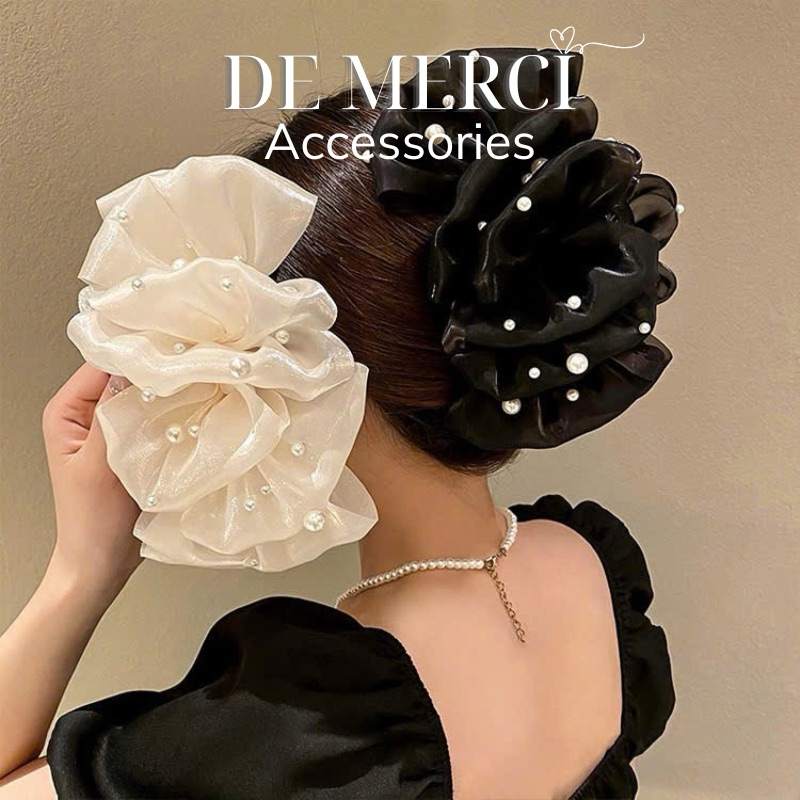 Kẹp tóc De Merci Accessoris nơ phồng bồng bềnh lớn, kẹp nơ đianh ngọc trai phong cách tiểu thư Hàn Quốc sang trọng