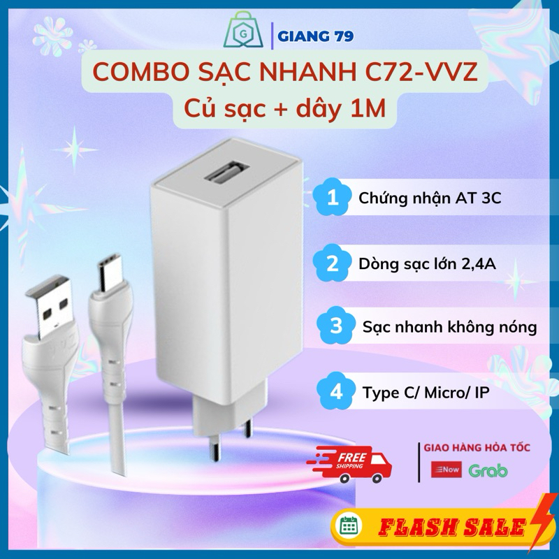 Bộ sạc nhanh chính hãng VVZ-C72. Dòng 2,4A kèm dây sạc, dùng cho nhiều dòng điện thoại