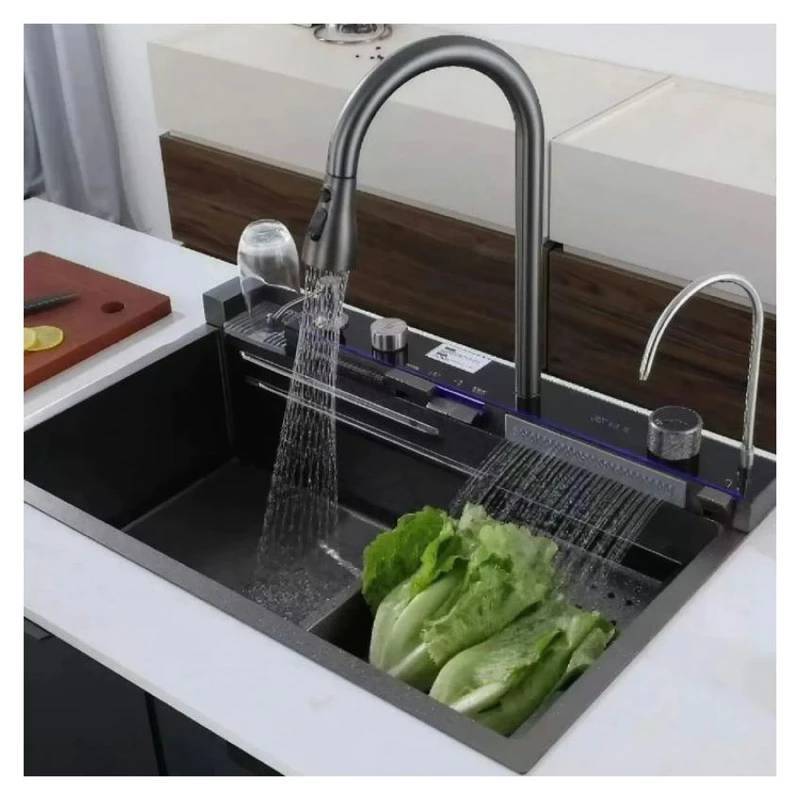 Chậu Rửa Bát 5 Phím 1 Hố KROSS Hiển Thị Nhiệt Độ Phủ Nano Kèm Vòi Lọc Nước Thác Nước Vòi Xịt BH 10 Năm