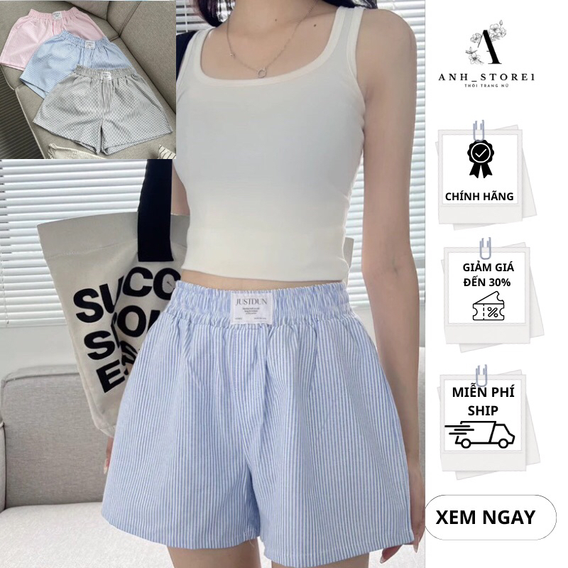 Quần Short Đùi Vải Kate Kẻ Sọc From Rộng Thoải Mái Thoáng Mát