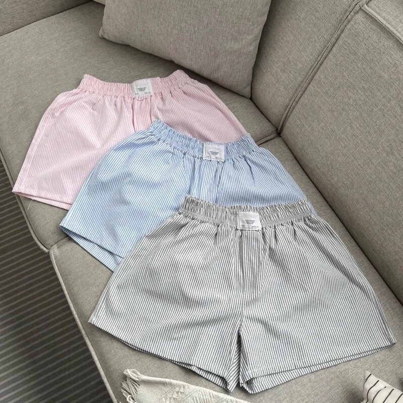 Quần Short Đùi Vải Kate Kẻ Sọc From Rộng Thoải Mái Thoáng Mát