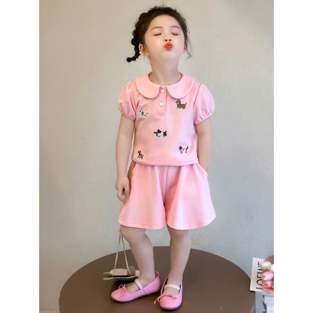 Bộ Quần Áo Cộc Tay ( Cổ Bẻ Cánh Sen 2 Màu ) Dành Cho Bé Gái 9-35kg Chất Vải Cotton Mềm Mịn Thoáng Mát