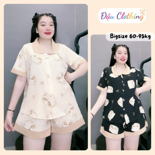 Set Pijama bigsize nữ hình thú dễ thương cổ cổ tiểu thư đi viền vải lụa thoáng mát mềm mịn SET49