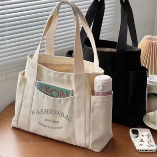 Túi tote vải canvas có ngăn phụ túi đeo vai đi học đi chơi thời trang Hàn Quốc đựng vừa khổ A4 laptop