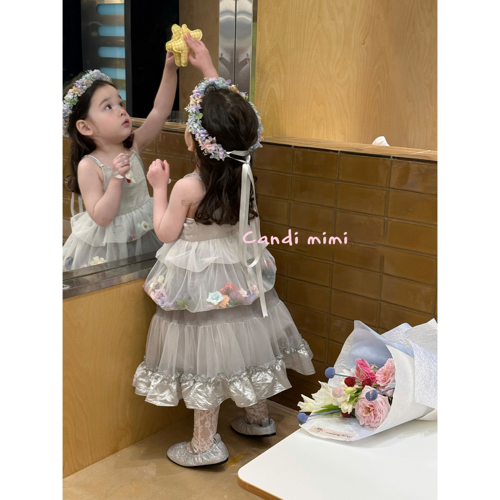 CANDI MIMI Áo hai dây bạc phối voan hoa nổi cao cấp- Phong cách Hàn Quốc