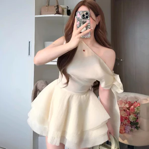 Váy tiểu thư dự tiệc sang trọng lệch vai thắt nơ không tay dáng xòe bồng tầng Đầm đi ăn cưới bánh bèo nữ tính T1120G