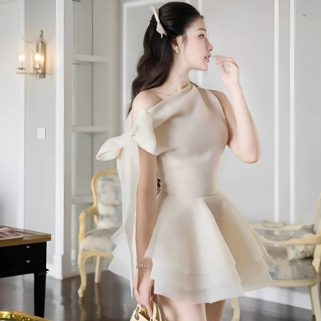 Váy tiểu thư dự tiệc sang trọng lệch vai thắt nơ không tay dáng xòe bồng tầng Đầm đi ăn cưới bánh bèo nữ tính T1120G