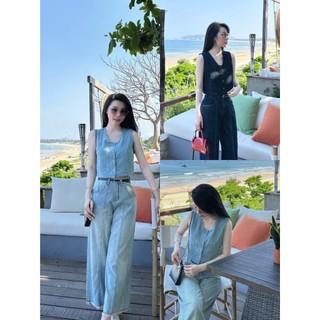 Set bộ Jeans Quảng Châu cao cấp cổ vuông phối quần ống ruộng suông cực hack dáng cho chị em ( kèm đai )