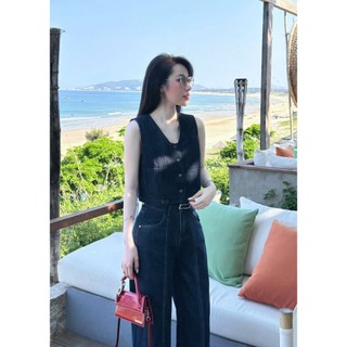 Set bộ Jeans Quảng Châu cao cấp cổ vuông phối quần ống ruộng suông cực hack dáng cho chị em ( kèm đai )