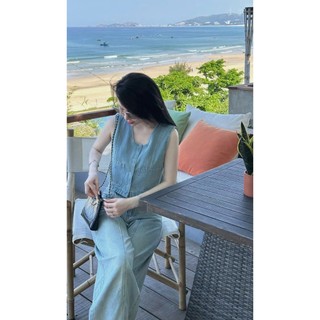 Set bộ Jeans Quảng Châu cao cấp cổ vuông phối quần ống ruộng suông cực hack dáng cho chị em ( kèm đai )