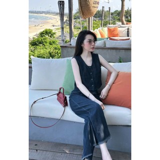 Set bộ Jeans Quảng Châu cao cấp cổ vuông phối quần ống ruộng suông cực hack dáng cho chị em ( kèm đai )