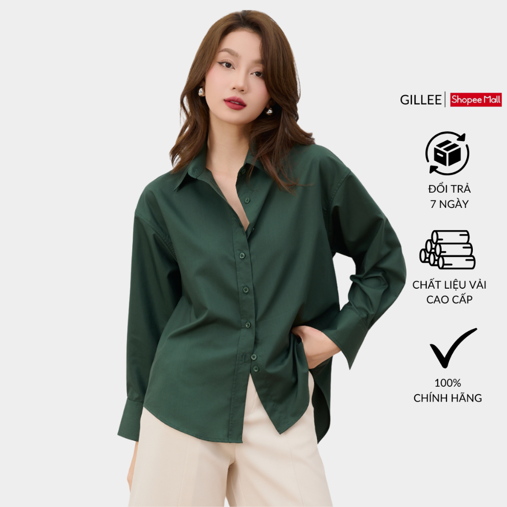 Ảnh Áo sơ mi nữ GILLEE dáng oversized, sơ mi form rộng vải kate lụa xanh rêu FAS291 1