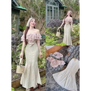 Set váy thời trang nữ áo trễ vai chất voan in hoa xinh xắn mix chân váy đuôi cá dài chất cotton lạnh kèm khăn đầu