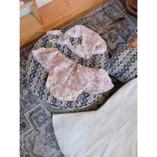 Set váy thời trang nữ áo trễ vai chất voan in hoa xinh xắn mix chân váy đuôi cá dài chất cotton lạnh kèm khăn đầu