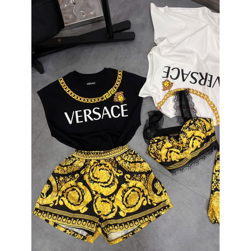 set áo thun & quần leggings hoạ tiết vàng versace