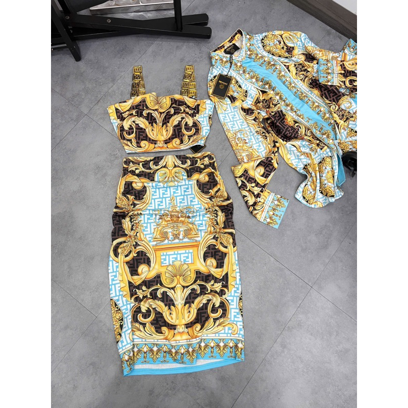 set áo váy hoạ tiết Versace chất thun lạnh co dãn