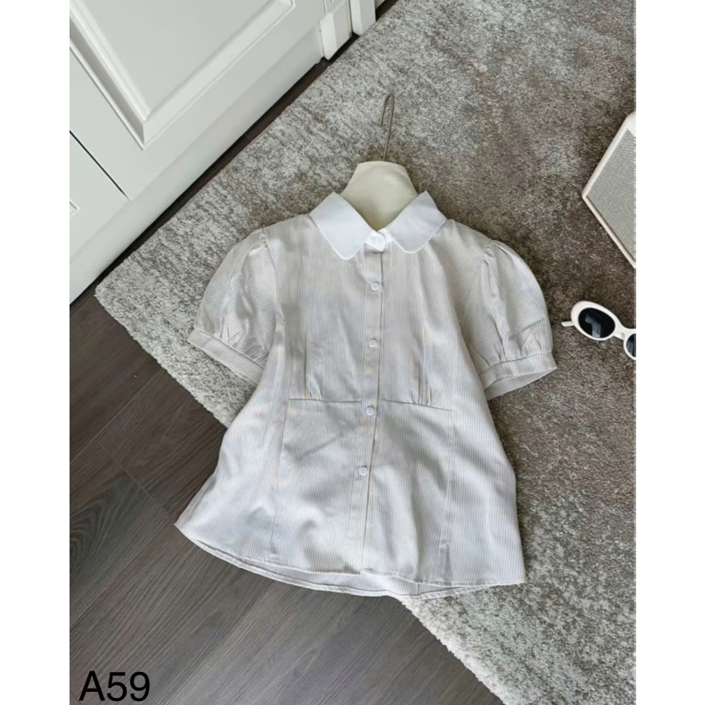 Áo sơ mi cổ sen kẻ sọc tay lỡ bồng buộc eo siêu xinh LALA  A59