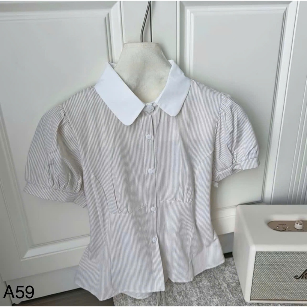 Áo sơ mi cổ sen kẻ sọc tay lỡ bồng buộc eo siêu xinh LALA  A59