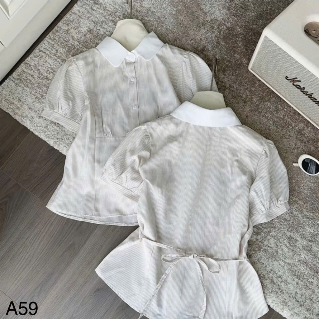 Áo sơ mi cổ sen kẻ sọc tay lỡ bồng buộc eo siêu xinh LALA  A59