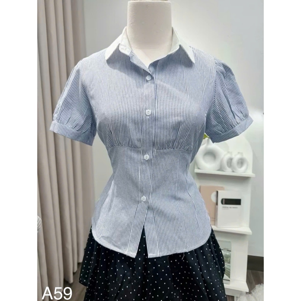 Áo sơ mi cổ sen kẻ sọc tay lỡ bồng buộc eo siêu xinh LALA  A59
